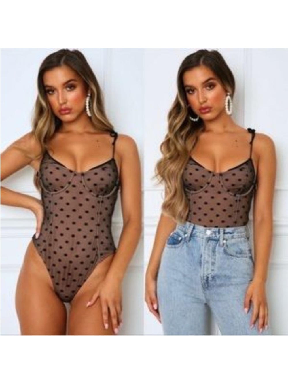 White Fox Boutique No Looking Back Bodysuit Nude & Black Mesh Poka Dots Medium